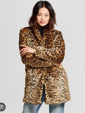 a new day Leopard Print Faux Fur Peacoat in Tan and Black